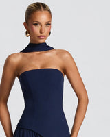 Neck scarf and strapless neckline detail