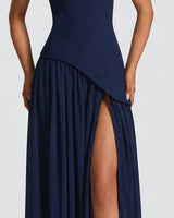 Corset bodice and asymmetric pointed hem detail