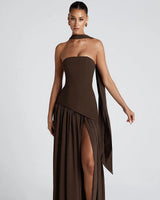 Maliyah plum brown strapless corset maxi dress, front studio view