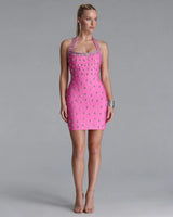 Mina pink crystal halter bandage mini dress — studio front