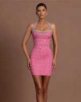 Mina pink crystal halter bandage mini dress — product front