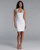 Mina white crystal halter bandage mini dress — studio front