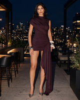 Marnie plum mini dress – rooftop bar at night