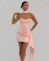 Mona blush pink satin mini dress with choker collar and draped sash, studio front view