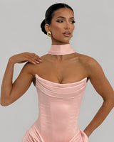 Close-up of the wide satin choker collar on the Mona blush dress
