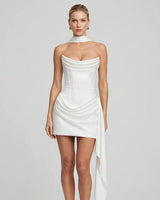 Mona ivory satin mini dress with choker collar, draped cowl bust and long side sash, studio front view