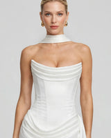 Close-up of the wide satin choker collar and draped cowl neckline
