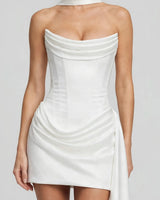 Close-up of the draped cowl bust and corset bodice seams