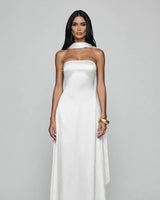 Morven ivory strapless satin maxi dress with neck scarf – studio front