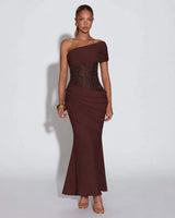 Noor chocolate brown off-shoulder sequin maxi dress — studio front