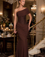 Noor chocolate brown off-shoulder sequin maxi dress — hotel ballroom staircase