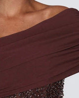 Draped off-shoulder neckline detail
