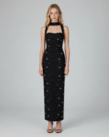 Nadia halter pearl bandage maxi dress — studio front