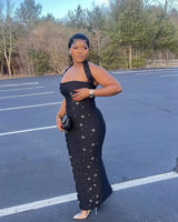 Nadia halter pearl bandage maxi dress — worn view
