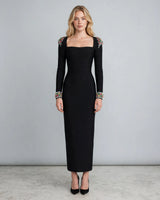 Nia black gem-shoulder long-sleeve bandage midi dress — studio front