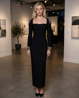 Nia black gem-shoulder long-sleeve bandage midi dress — gallery opening