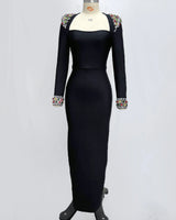 Nia black gem-shoulder long-sleeve bandage midi dress — supplier front