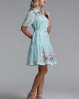 Nina aqua floral shirt mini dress — studio side view