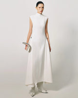 Paloma white high-neck pleated maxi dress — worn front view