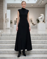 Paloma black high-neck silver-clasp pleated maxi dress — art gallery steps