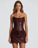 Palmer Faux Leather Cowl Corset Mini Dress in burgundy, front studio view