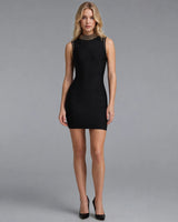 Paola gold-bead collar bandage mini dress, black, front view on model