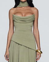 Pleated cowl neckline detail in sage chiffon