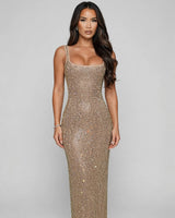 Petra gold crystal mesh maxi dress, front studio view
