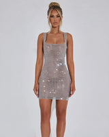 Petra silver crystal mesh mini dress, front studio view