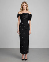 Pia black bow crystal bandage maxi dress front view studio