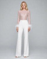 Renata Feather-Cuff Sequin Jumpsuit