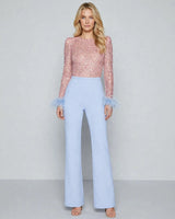 Renata Feather-Cuff Sequin Jumpsuit