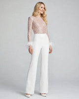 Renata Feather-Cuff Sequin Jumpsuit