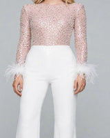 Renata Feather-Cuff Sequin Jumpsuit