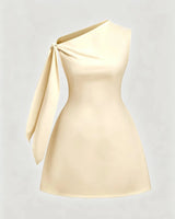 Rhea ivory one-shoulder knot-sash mini dress — front view
