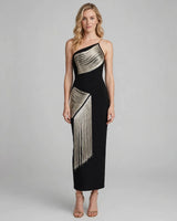 Raven black one-shoulder gold tassel bandage maxi dress — studio front