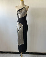 Raven black one-shoulder gold tassel bandage maxi dress — product front view