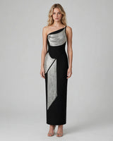 Roma black one-shoulder silver tassel bandage maxi dress front view studio