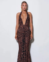 Rosetta Plunge Halter Drape Maxi Dress in leopard print, front studio view