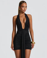 Rosetta Plunge Halter Drape Mini Dress in black, front studio view