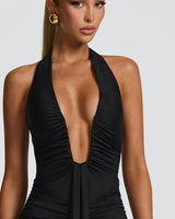 Deep plunge halter neckline detail
