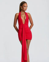 Rosetta red plunge halter drape mini dress, front studio view