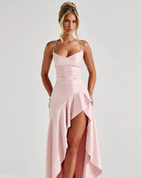 Samira blush satin maxi dress, supplier front view