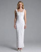 Selma white rosette pearl bandage maxi dress front view studio