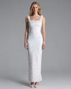 Selma white rosette pearl bandage maxi dress front view studio