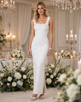 Selma white rosette pearl bandage maxi dress worn at a wedding reception