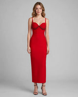 Sana red beaded bustier bandage maxi dress — studio front