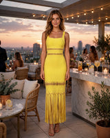 Shana yellow beaded fringe bandage maxi dress — rooftop sunset
