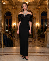 Sloane black crystal-bow off-shoulder maxi dress — opera foyer