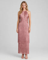 Talia dusty pink halter fringe bandage maxi dress — studio front
